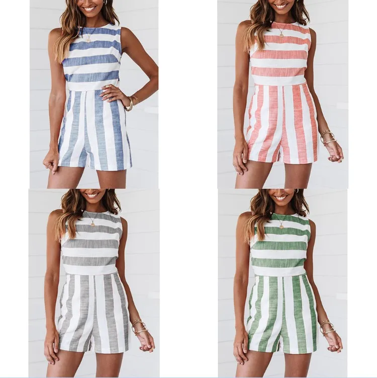 

Women Stripes Pattern Round Neck Playsuits Sleeveless Ladies Overalls Jumpsuit