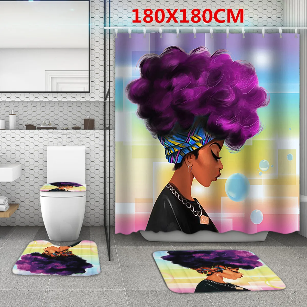 

Bathroom Pattern Waterproof Bath Mat Set Shower Curtain Pedestal Toilet Seat Mat+Lid+Bath Mat Anti Slip Bath Cover Carpet