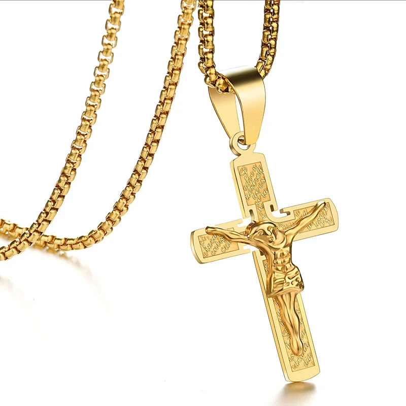 Golden Jesus Cross Necklaces Pendants For Men Gold Color Stainless Steel Chains Crucifix