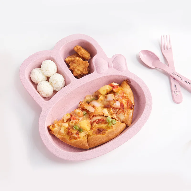 

3 PCS Wheat Straw Dinner Plates Cute Rabbit Plane Shape Fork Spoon Plate Set Dessert Dish Tray Children Kids Dinner Plates Dish