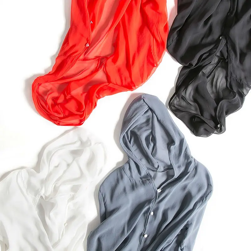 Women Hooded Blouse 100% REAL SILK Solid Transparent silk chiffon Button blouse shirt Blusas femininas 2018 FALL New