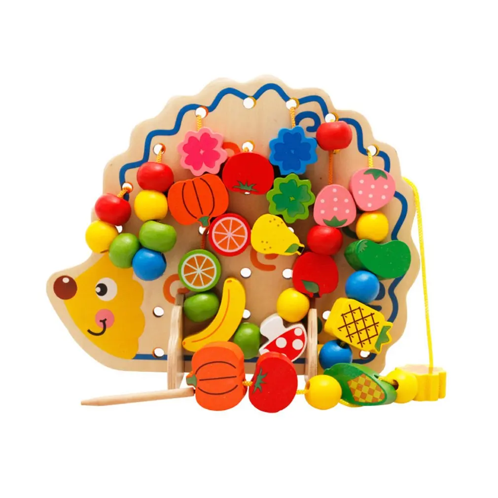 

Hedgehog Shape Wood Fruit Vegetable Beads Building Blocks Building Thread Toy Universal Kids Educational Block Game Gift For Kid