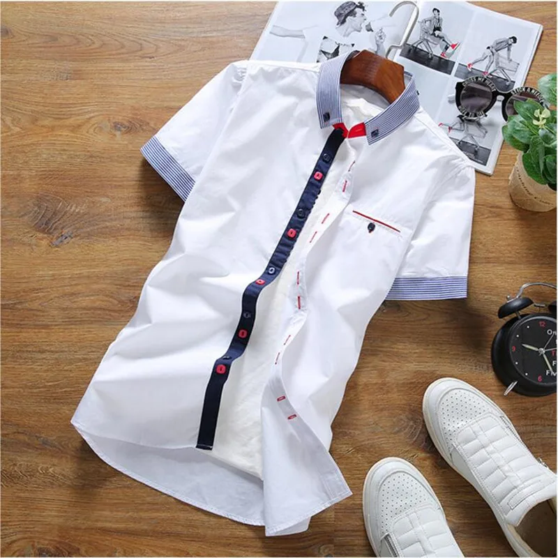 

XMY3DWX 2019 Fashion male summer high-grade pure cotton short sleeve shirts/men's slim Fit Color matching Casual shirts S-XXXL