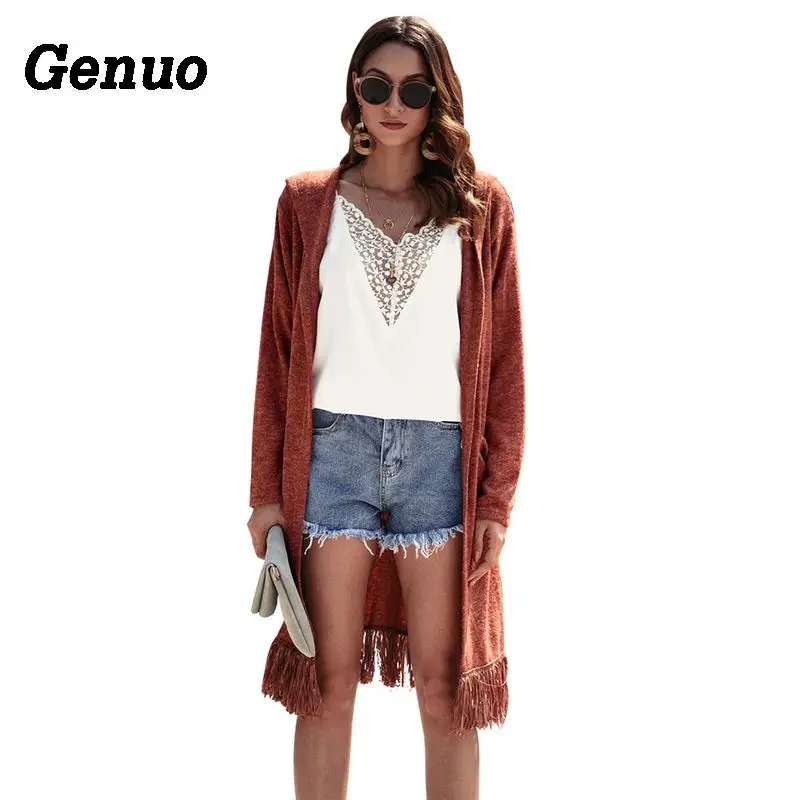 Genuo Women Knitted Cardigan Coat Autumn Winter Long Sleeve Loose Tassel Sweater Jacket Elegant Female Hooded Outwear Overcoat