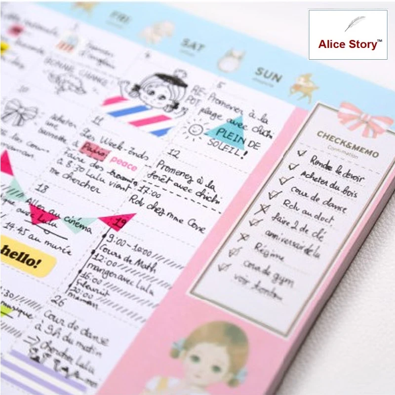 Cute Kawaii Doll pattern desk note pad schedule desktop memo pad monthly weekly planner time schedule memo pads 60sheets