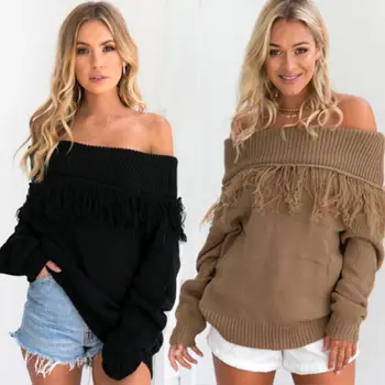 

New Fashion Women Clothing Long Sleeve Off Shoulder Trendy Warm Tassels Knitted Sweater Pullover Jumper Knitwear Tops