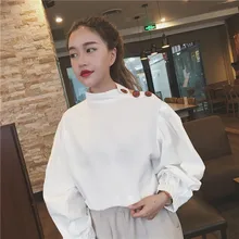 Free shipping Autumn stitching around the two buttons to wear loose collar strapless tops Korean women self portrait