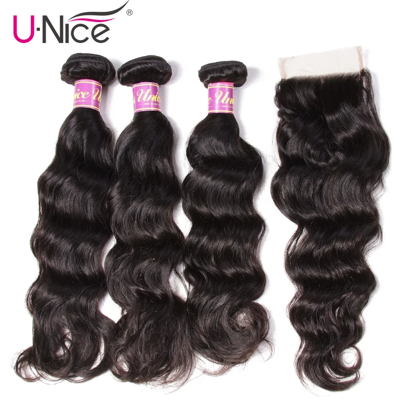Волосы UNICE натуральные волнистые перуанские пучки волос с закрытием Remy человеческие волосы ткет с закрытием 4 шт кружева с пучками