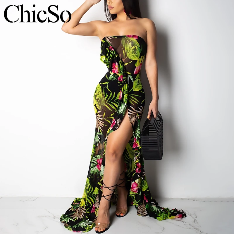 

MissyChilli Strapless floral print green beach maxi dress Women sexy transparent mesh long dress Elegant split ruffle club dress