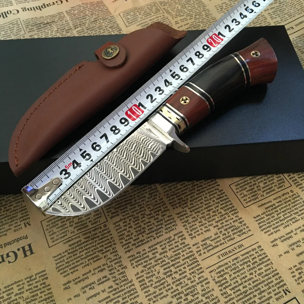 

100% Handmade Genuine Damascus Steel survival knife fixed blade Camping Hunting knife ebony handle outdoor travel tool
