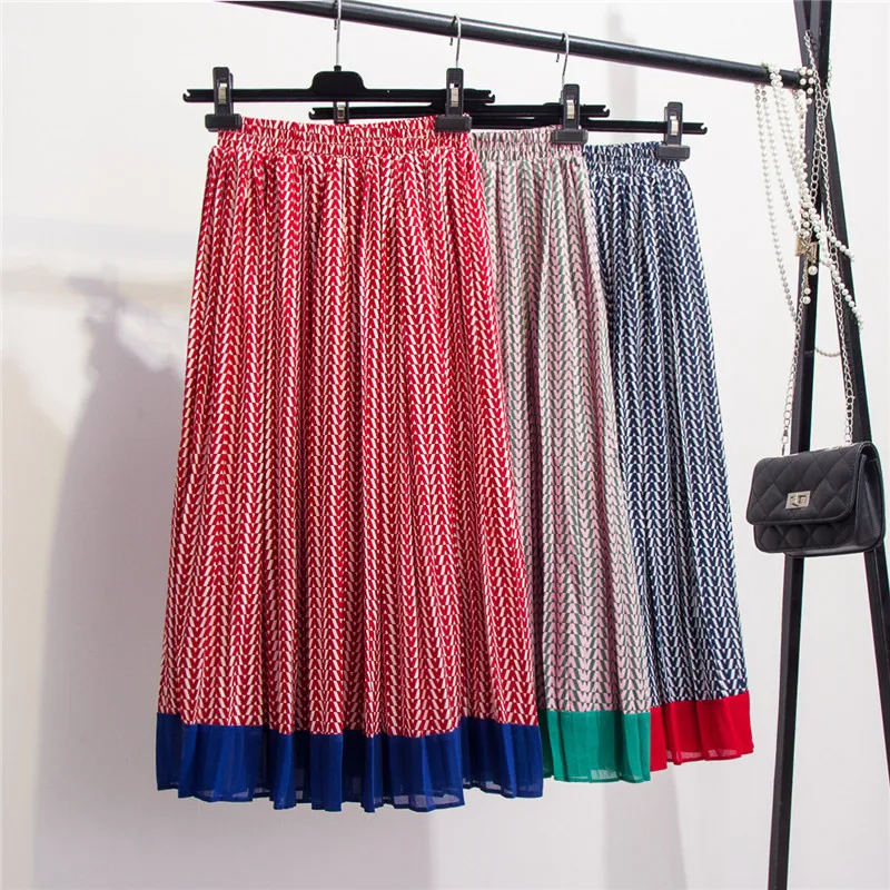 

2019 Women Autumn Digital Print Chiffon Pleated Skirt Stitching Color Geometric Lattice Skirt