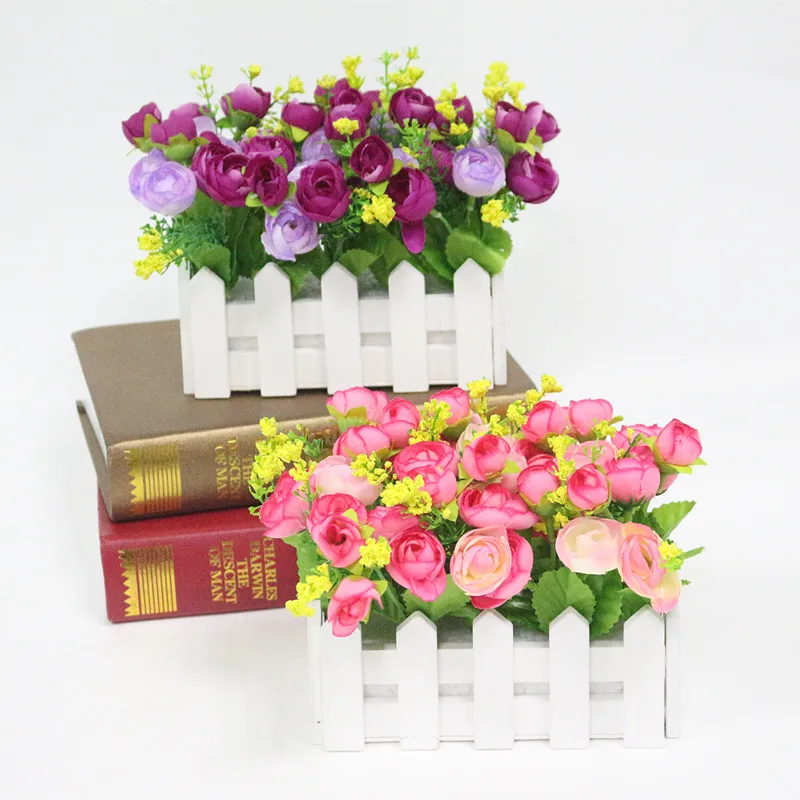  Flone Wedding Decor Artificial Tea Rose Simulation Artificial Flowers Small Potted Plant Fake Rose Set With White Picket Fence (5)