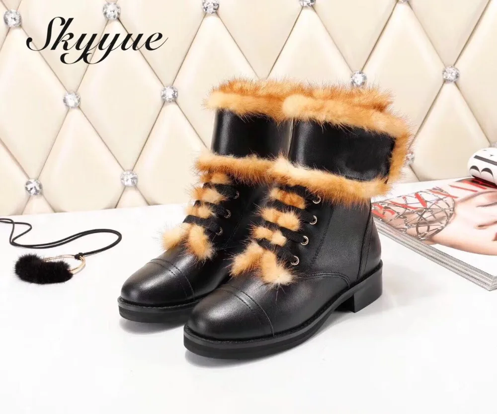 

SKYYUE New Genuine Leather Metal Deco Women Boots Round Toe Real Fur Brand Designer Winter Ankle Boots Shoes Women