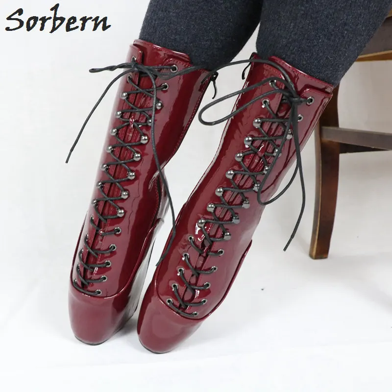 Zipper side Fetiche Custom Sorbern Botas Vino Alta Retro Rojo Ballet Zipper Novatos Sm Colors Charol no Becerro Tacón Sin De Zapatos Cuña Corto wxx4qRTH