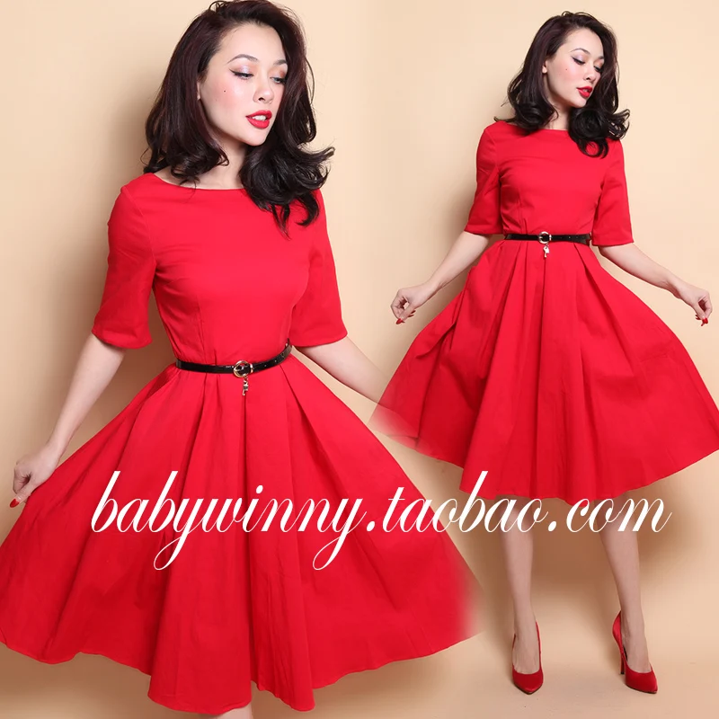 

79.9 la palais vintage 50s rockabilly pinup red boat neck half sleeve pleated midi dress plus size 4xl vestidos elegant dresses