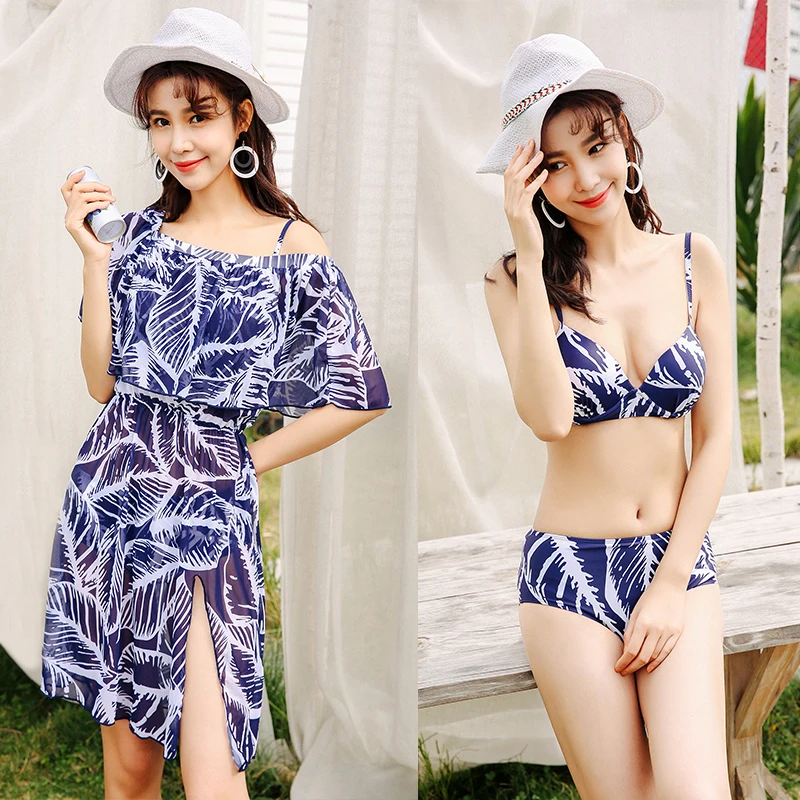 

2019 Modern Bikini Push Up Padded Sexy Bikinis Set Mid Waist Swimsuits 3 Pieces with Cover Ups Summer Women Blue Bathing Suits