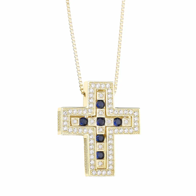 Moonmory подлинное 925 пробы Серебряное Европейское женское роскошное циркониевое двойное ожерелье с крестом для японских мужчин - Окраска металла: Blue Stone 24K Gold