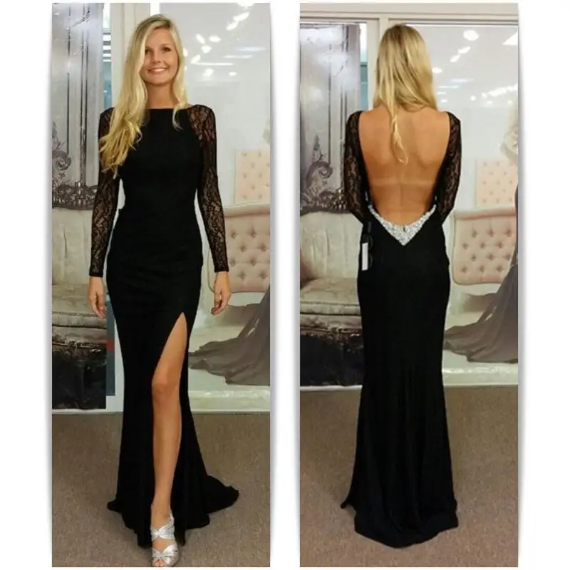 Abendkleid Langarm Черный Вечерние платья с низким вырезом на спине русалка 2019 сбоку Разделение специальные Нарядное платье вечернее Для женщин