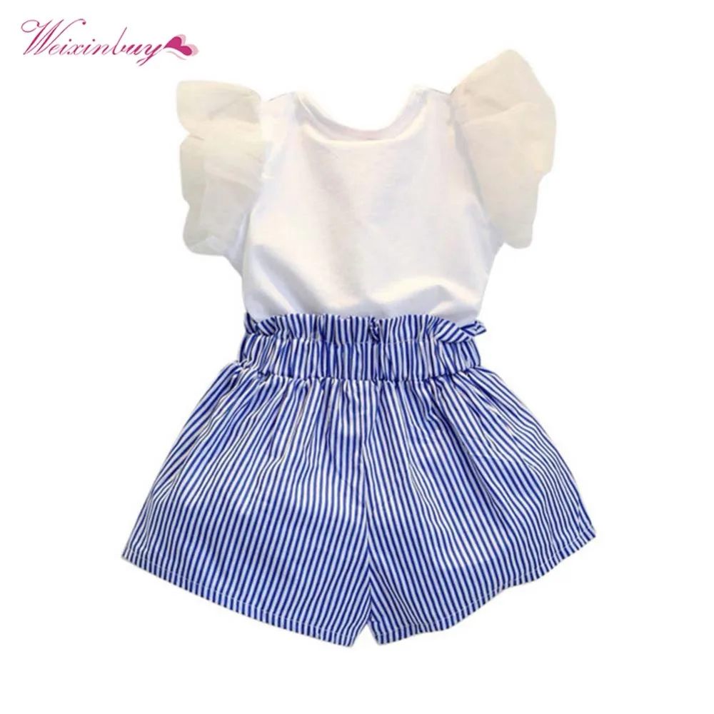 

Children Sets Sweet Lace Flying Sleeve Short-Sleeved T-Shirt + Bow Striped Shorts Suit 2-7 Years Princess Dress For Party