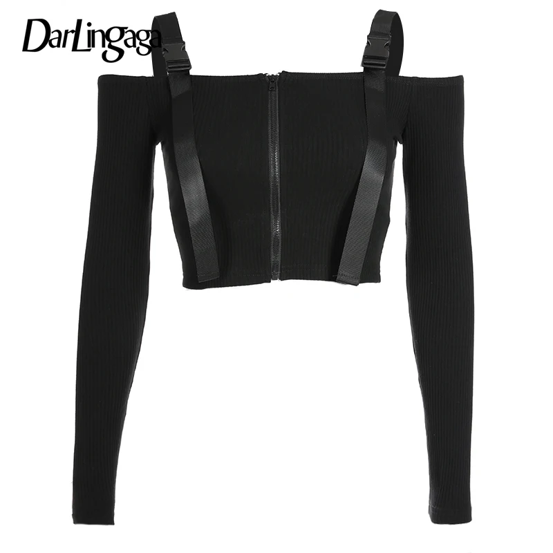 Darlingaga Fashion off shoulder autumn female t-shirt slim basic belt crop top streetwear 2018 sexy t shirt tees zipper clothing Tops