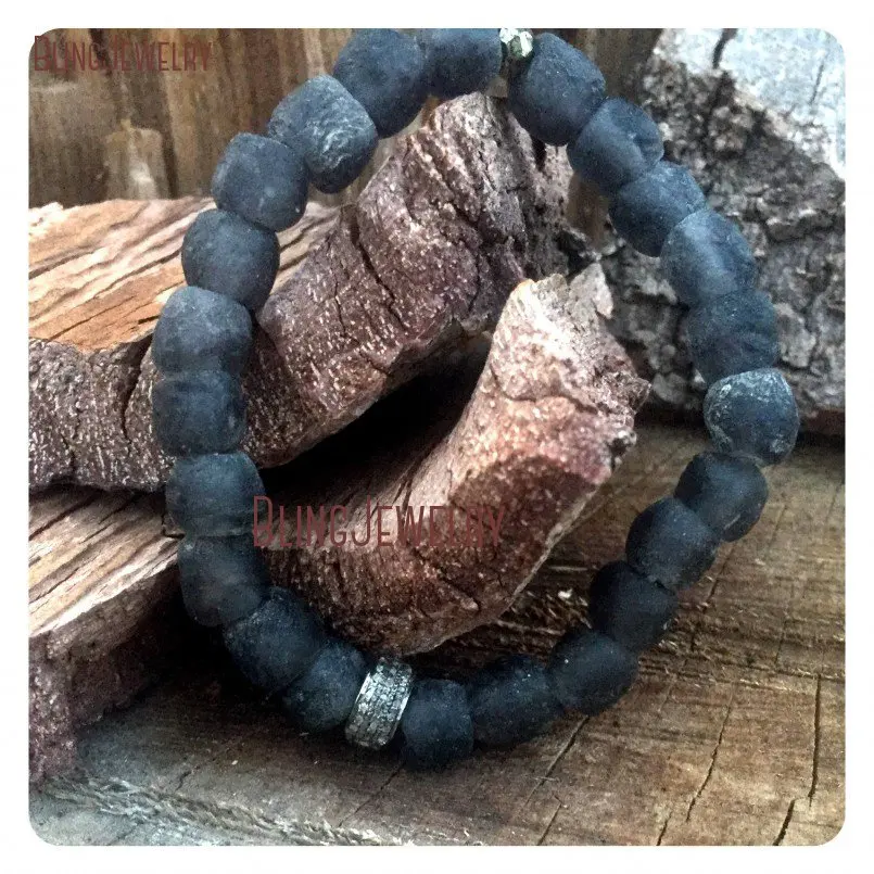 20180321-BM10798-Vintage Recycled African Trade Glass Tribal Paired With Genuine Pave Diamonds Sterling Silver Zen Yoga Boho Festival Stone Stack Bracelet_3