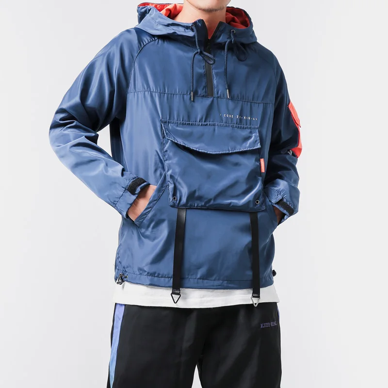  Japanese Contrast Color Sport Hoodie Men Hip Hop Long Sleeve Loose Jacket Big Pocket Fashion