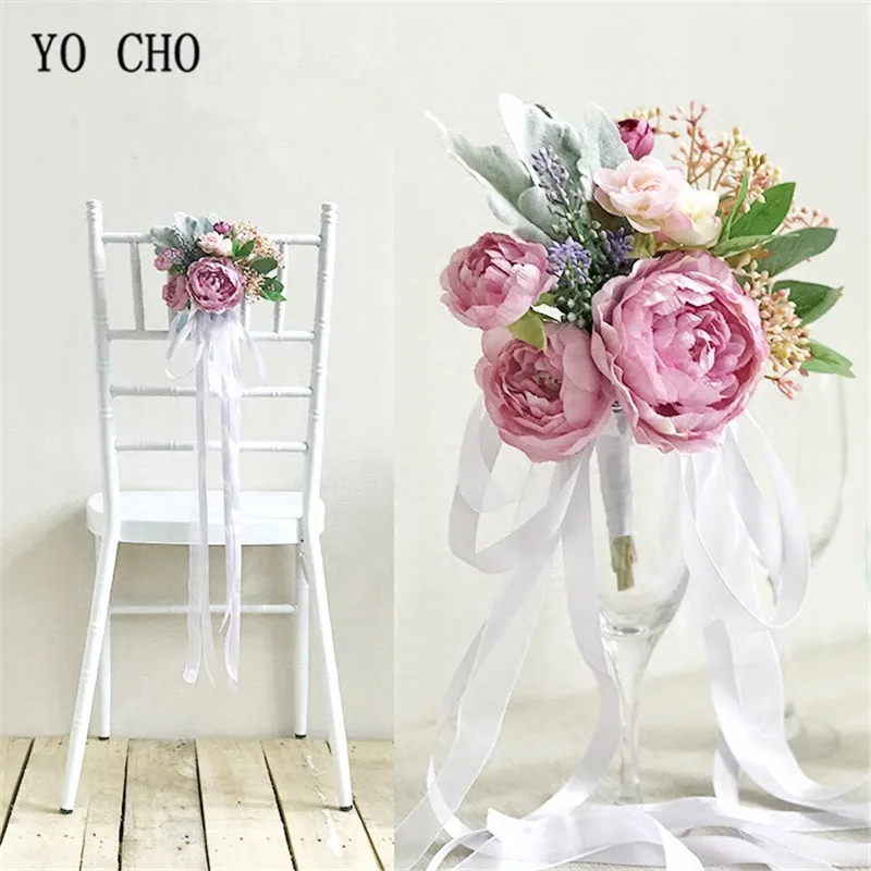 YO CHO Artificial Flowers Wedding Chair Cover Decoration Fake Flower Bridal Bouquet Silk Rose DIY Party Craft Supplies | Дом и сад