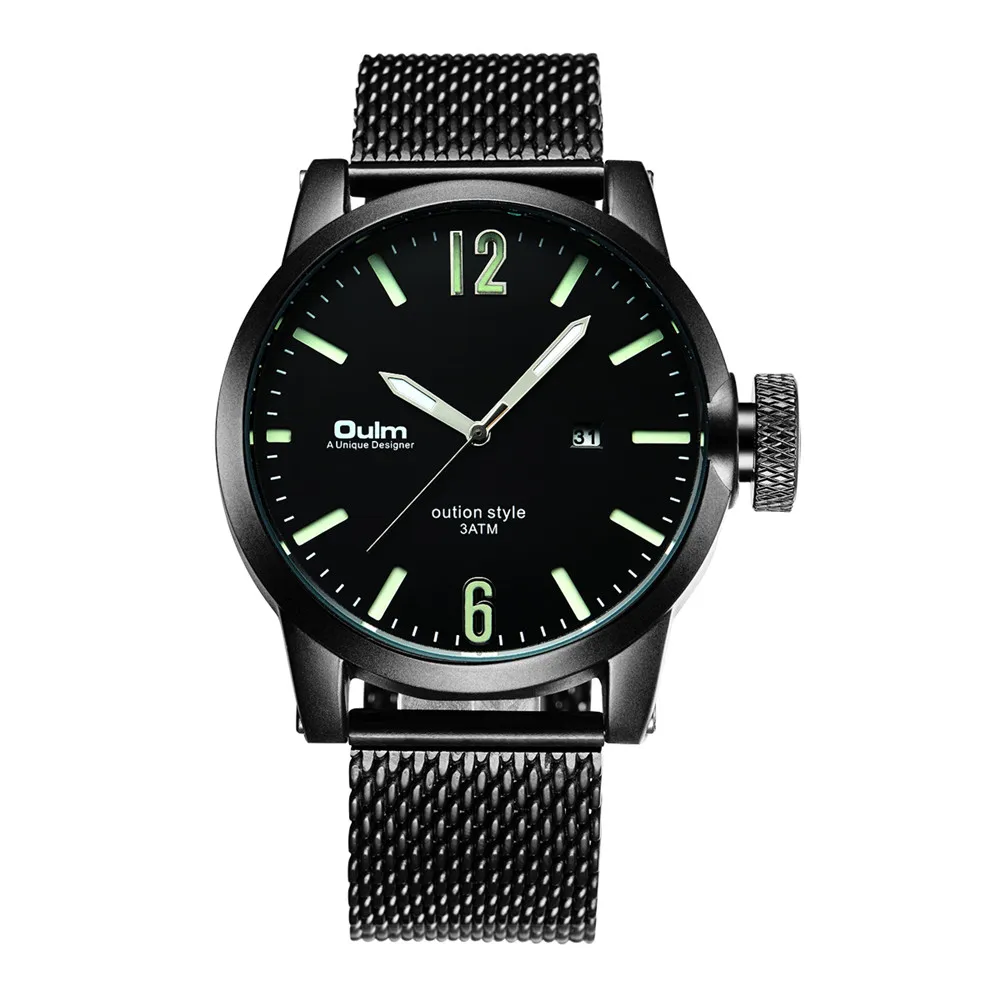 

New Men Watch Fashion Luminous Watches Oulm Top Brand Luxury Black Stainless Steel Mesh Band Quartz Watches Military Watches Men