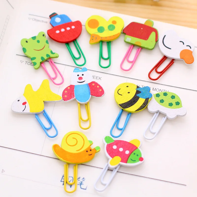 

1pc Fashion Cute Cartoon Painted Wood Bookmark Planner Paper Clips Metal Bookmarks For Book Stationery School Office Supplies