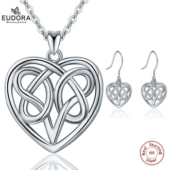 

EUDORA New 925 Sterling Silver Celtics Knot Heart Jewelry Set Pendant Necklace Heart Drop Earring Fine Jewelry For WomenE39D221