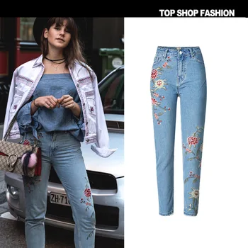 

2018 fashion embroidered jeans 3D stereo front and rear side embroidered high waist slim denim nine points feet pants small fres