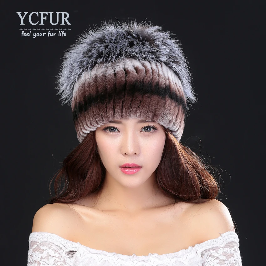 YCFUR Real Fur Hats Caps Winter Sew Stripes Natural Rex Rabbit Fur Cap