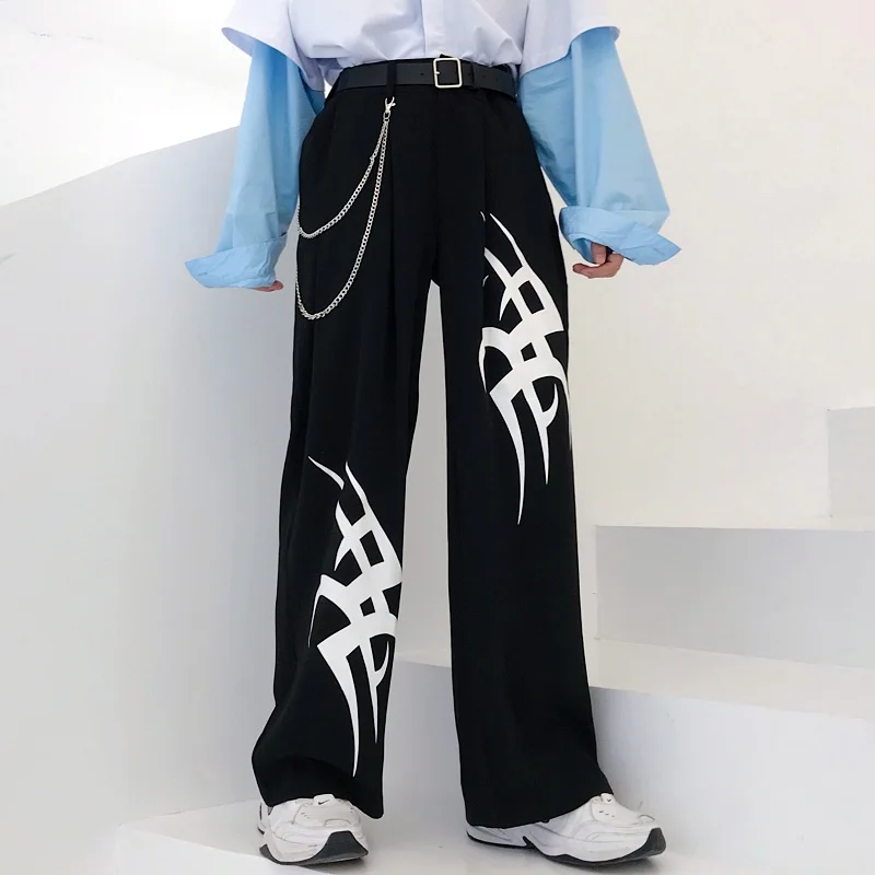 Брюки Харадзюку для женщин высокая Талия Асимметричный принт широкие ноги длинные брюки повседневные свободные брюки для женщин