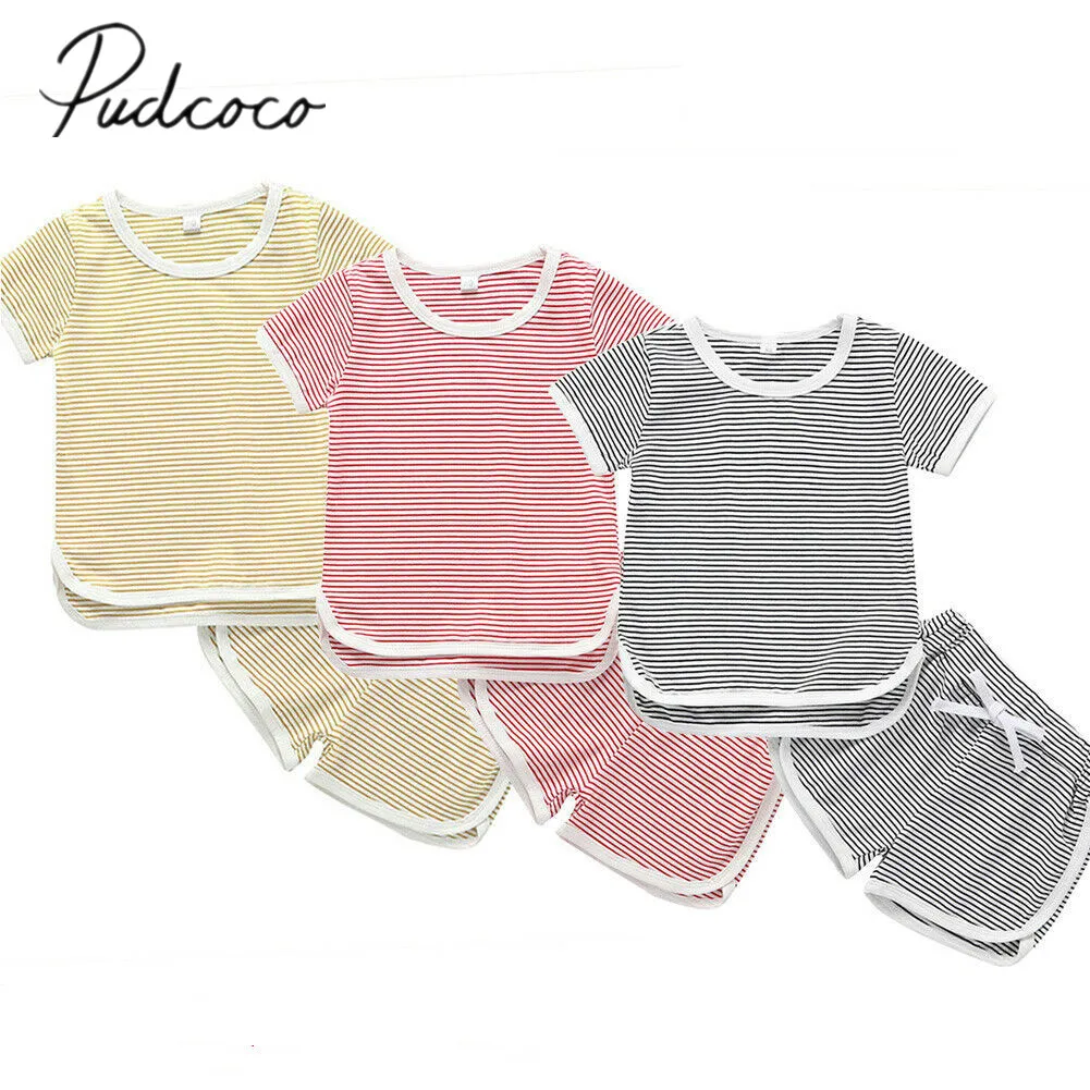 

2019 Baby Summer Clothing Toddler Kid Baby Boy Girls Clothes Sets Striped Short Sleeve T-Shirt Tops+Shorts Pants 2Pcs Outfits