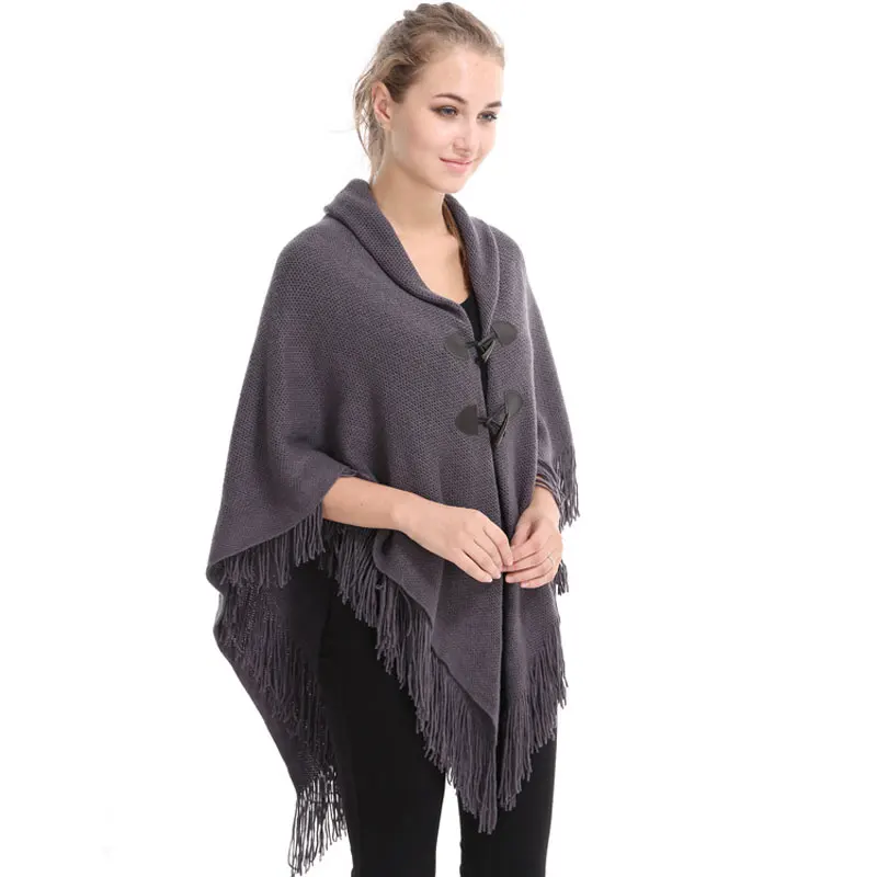 

Women's Warm Ponchos and Cloak Solid Color Scarf Female Early Spring Knitting Shawls Horn Button Scarves Capes Coats For Women