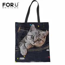 FORUDESIGNS/3D ложный карман Denim Cat/котенок печать хлопка Shopping сумки модная одежда Эко сумки многоразовые Бакалея сумка