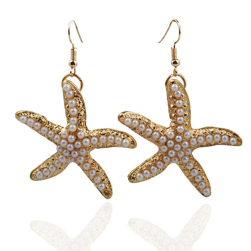 

2017 Sweety Starfish Cute Acrylic Shell Drop Earrings Simulated Pearl Metal Circle Attractive Pendientes Mujer Moda For Girl