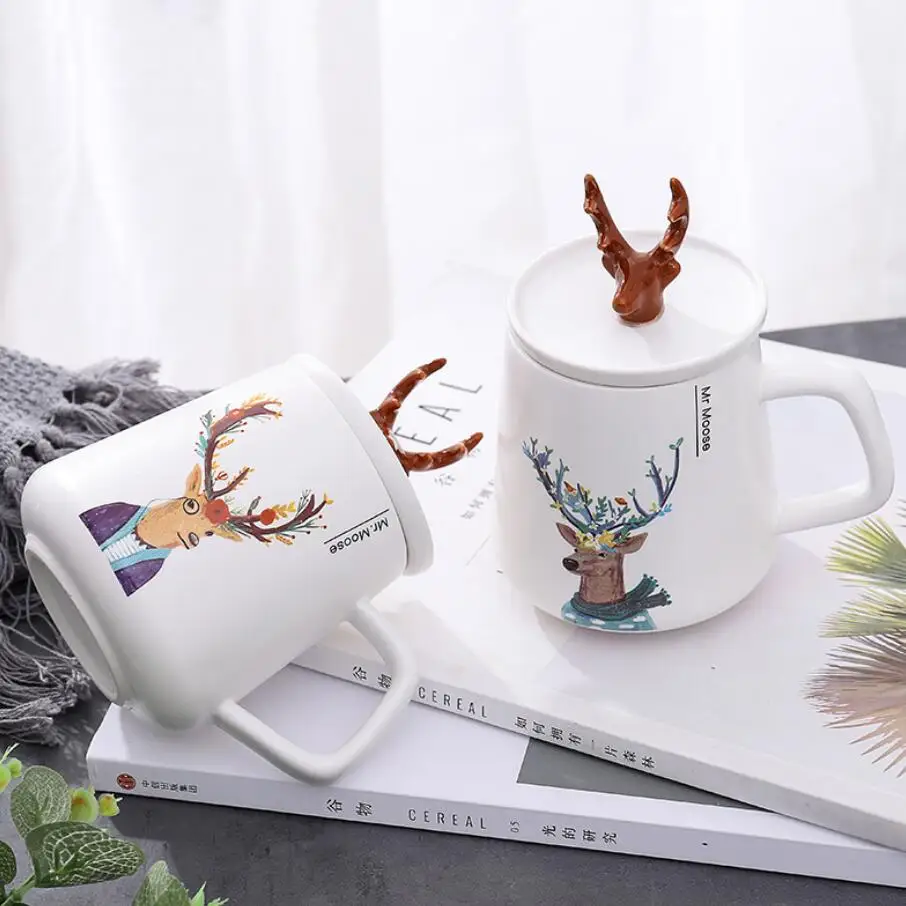 Nordic creative deerhorn керамическая с крышкой мультфильм студенческая пара водная чашка