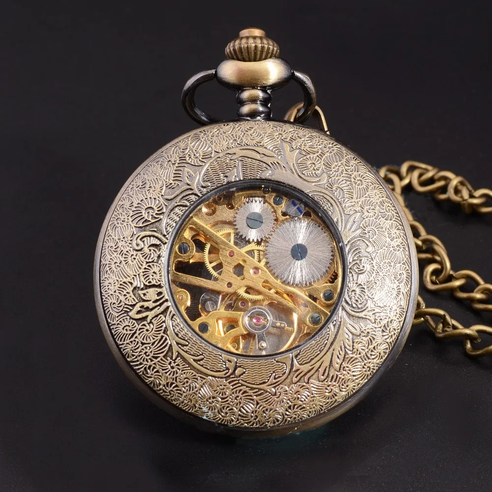 TIEDAN Ретро Бронзовый Классический элегантный Скелет Механические карманные часы ручной Ветер кулон Fob часы ожерелье Relogio