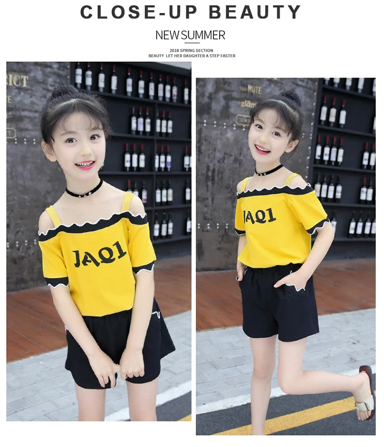 Cute Casual Teenage Clothes For Girls Clothing Sets 2019 Summer Children Shoulderless Letter Tshirt Tops Shorts 2Pcs Kids Suit (16)