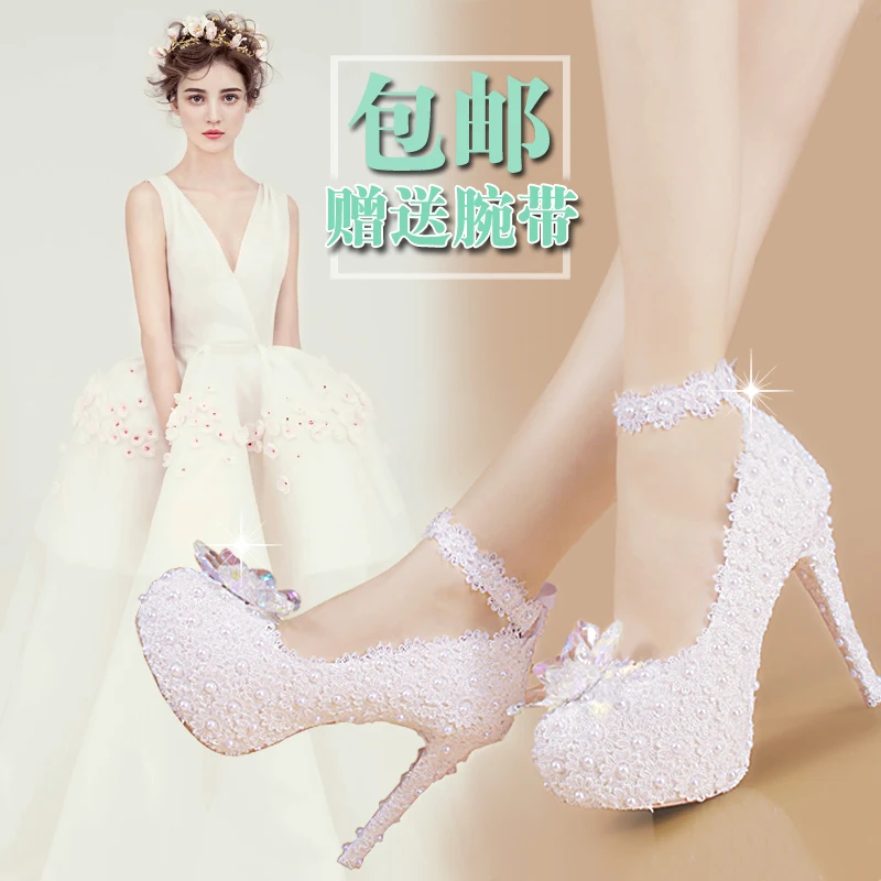 Здесь продается  2018 spring and summer lace crystal bride princess sweet white female plus size thin ultra high heels single shoes  Обувь