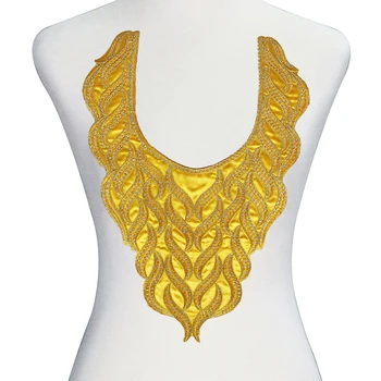 

5piece Gold Metallic Collar Beaded Rhinestones Neck Collar African Fabric Applique Iron on Stick Patches Clothes Decorated T2571