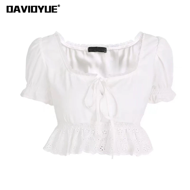 Achat Femmes d été haut et chemisier Sexy manches bouffantes blanc noir chemisier En Mousseline de ruches chemise 2018 élégante Encolure Carrée dentelle top blusa
