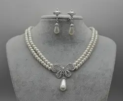 Серебряный тон двухрядная кремовая искусственная жемчужина; стразы; хрусталь украшение с бантом наборы ожерелье и серьги Свадебные