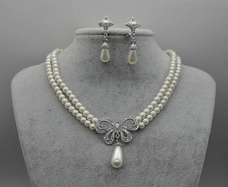 Silver Tone Double Row Cream Faux Pearl Rhinestone Crystal Bow Jewelry