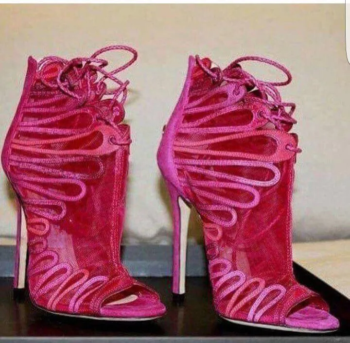 

2017 summer newest high heel sandals peep toe super high thin heel embroider lace-up air mesh fashion women shoes red apricot
