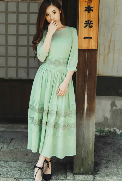 

Free Shipping High Quality Fashion Round Collar Three-quarter Sleeve Lace Collect Waist Chiffon Long Dress Green