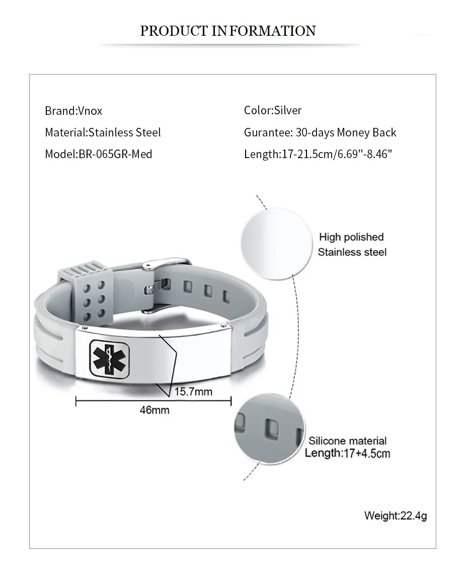 Vnox, гравировка, медицинский оповещение, ID браслеты для женщин и мужчин, персонализированная нержавеющая сталь, бар, регулируемая длина, аварийные украшения