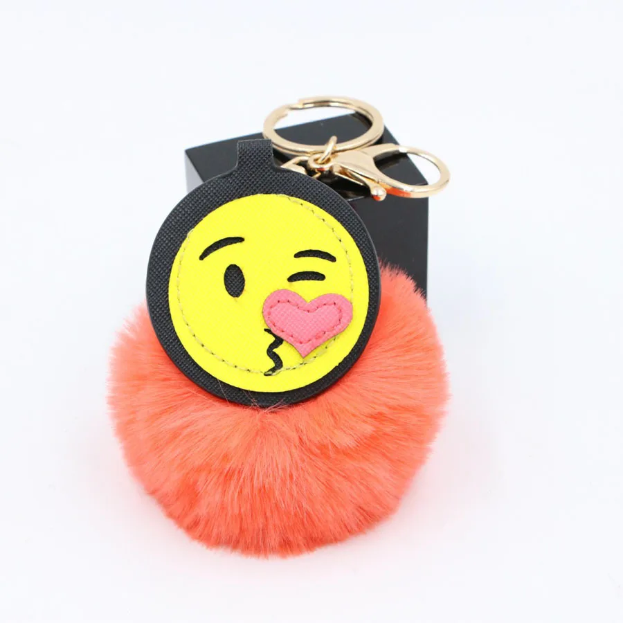 New Arrival Pom Pom Expression Keychain PU Leather Smiley face Imitation Rabbit Fur Ball Key Chain For Woman Girls Bag Charms