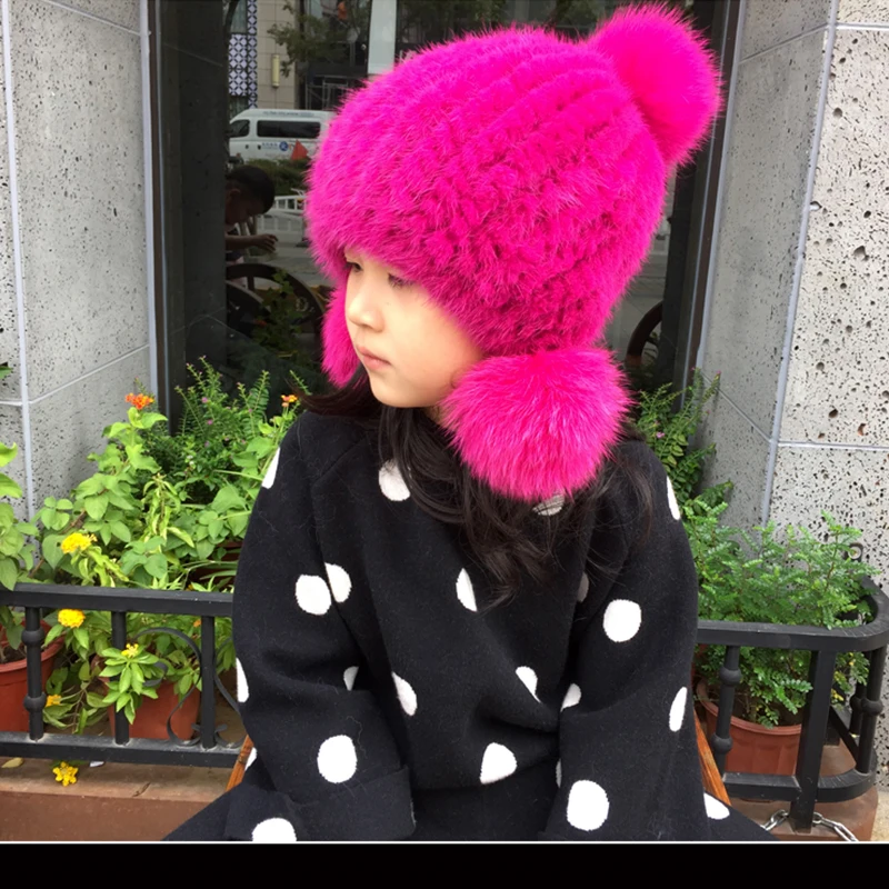  Russia Hot Sale 2016 Children Mink Knit Hat Autumn Winter Warm Thick Knitted Hat Solid Thicke Lining Factory Sales Cap MHH11